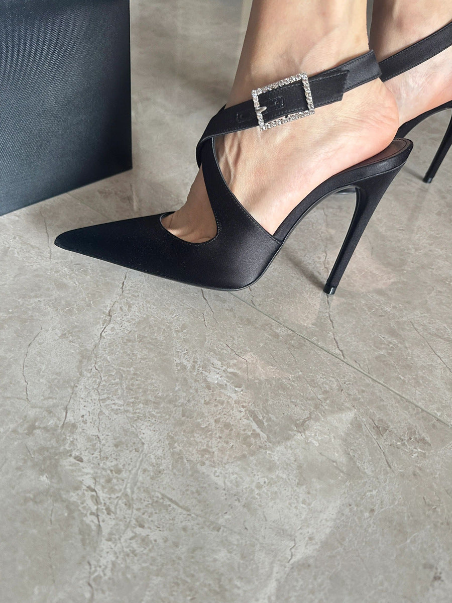 Women's Square Buckle French Style Temperament Black High Heeled Sandals