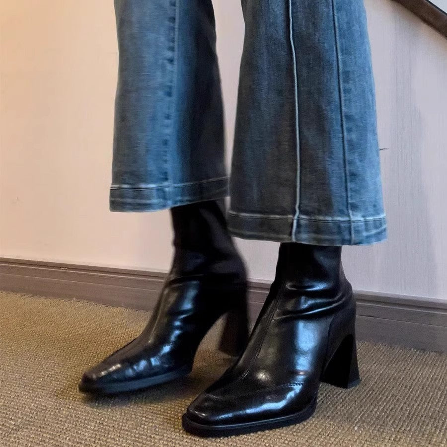 Skinny Square Toe Chunky High Stretch Women's Leather Boots
