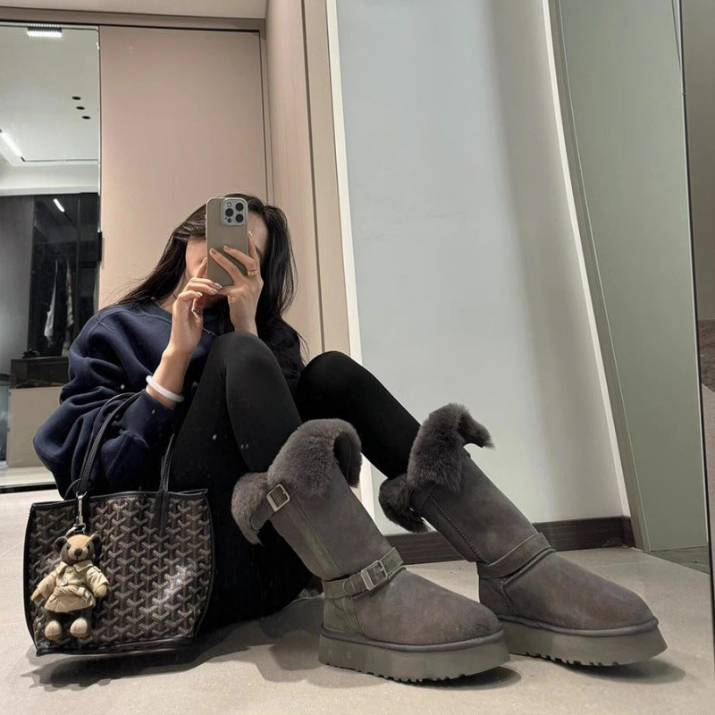 Women's Gray Winter Northeast Thickened Fleece-lined Thick-soled Boots