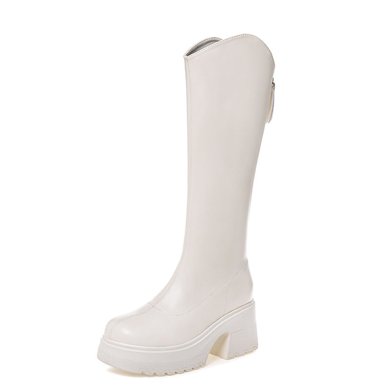 Women's Small Height Increased Thick Bottom Chunky Tall Women's Leather Boots
