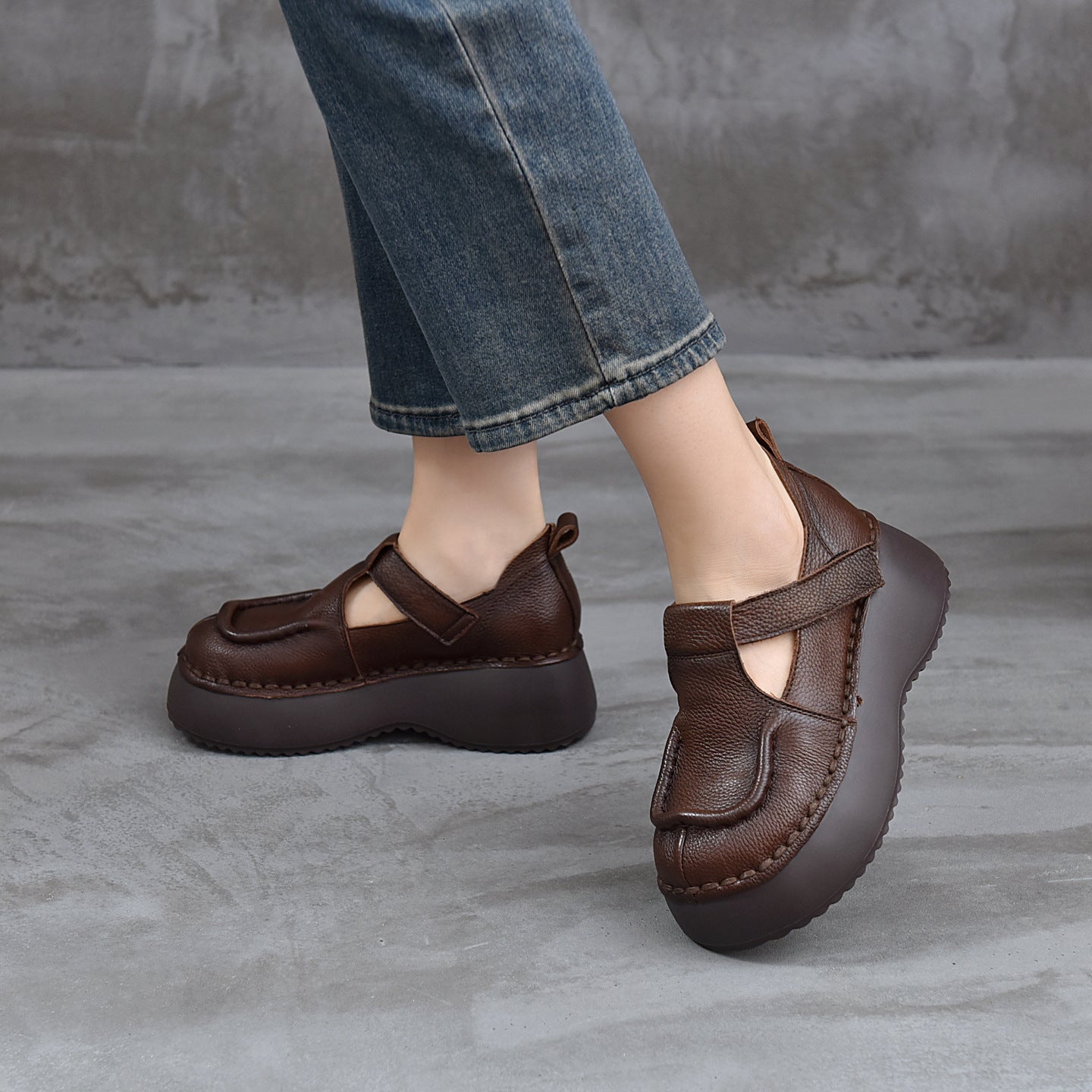 Women's Retro Cowhide Platform Heighten One Pedal Loafers