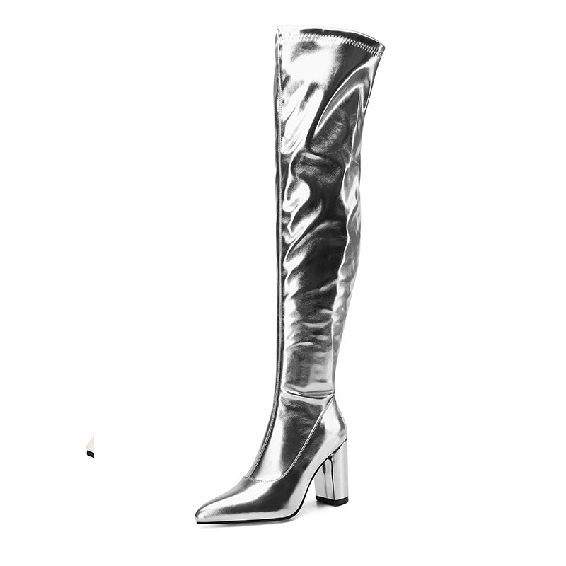 Women's Large Size Pointed Toe Chunky High Women's Leather Boots