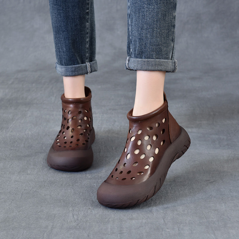 Women's Retro Cowhide Hollow Soft Bottom With First Layer Of Breathable Boots