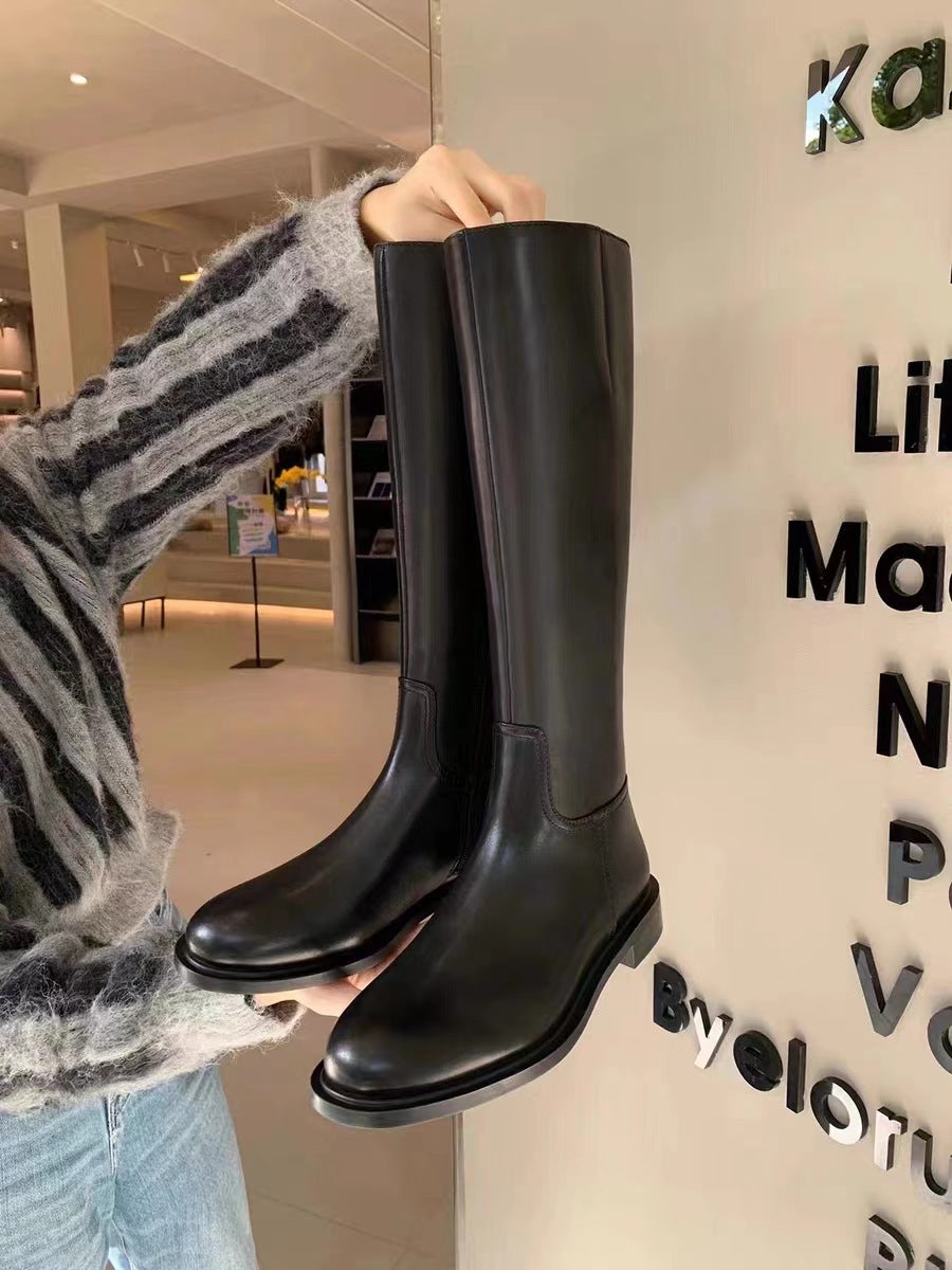 Women's Mom Simple Round Head Low Side Zipper Fashion Women's Leather Boots