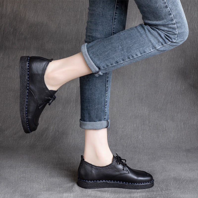 Spring Ethnic Style Vintage Cowhide Low Soft Bottom Women's Casual Shoes