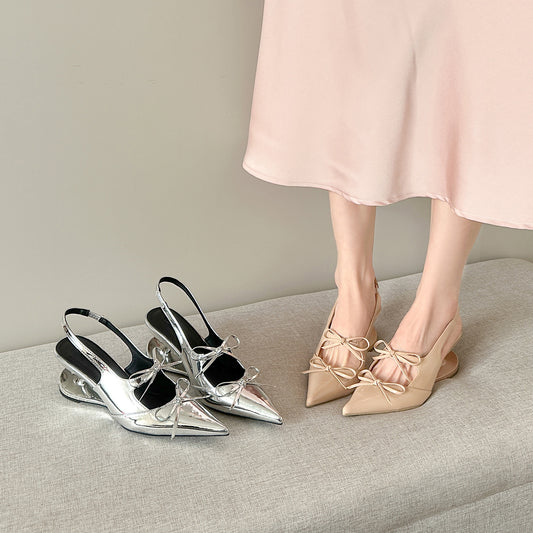 Women's Bow Pointed Toe Back Strap Suspension Spring Pink Shallow Mouth Sandals