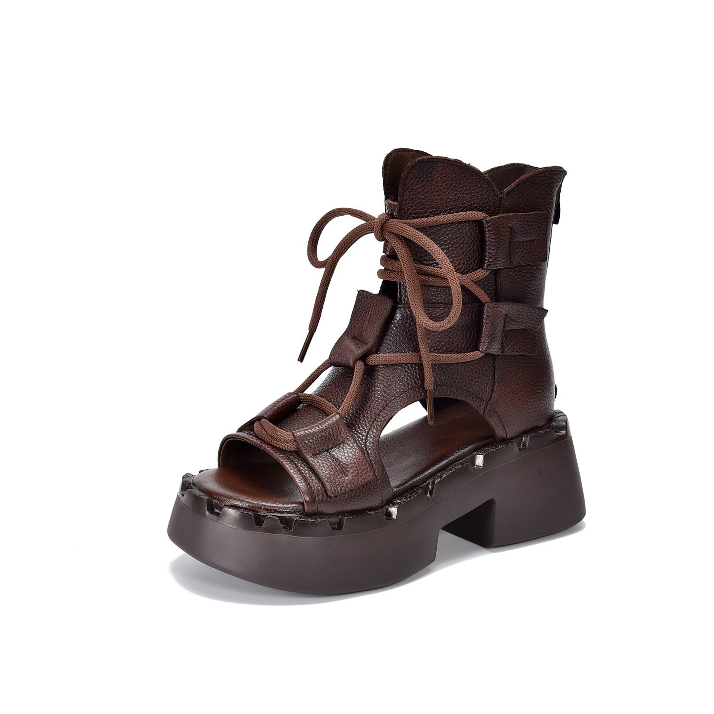 Women's Layer Cowhide Hollow Peep Toe Roman High Heeled Sandals