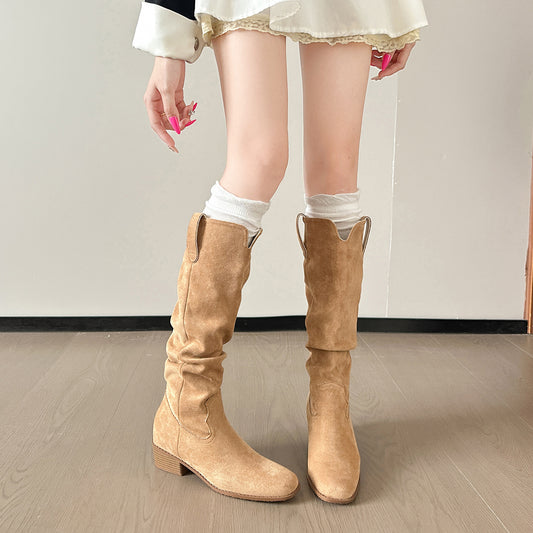 Pile Style Height Increasing Insole Summer Chunky Women's Leather Boots