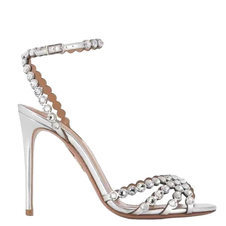 Metal Round Toe Stiletto Rhinestone Strap Buckle Open Large High Heeled Sandals