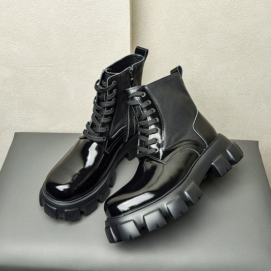 Men's Genuine Motorcycle Platform Increased Pure Cowhide Boots