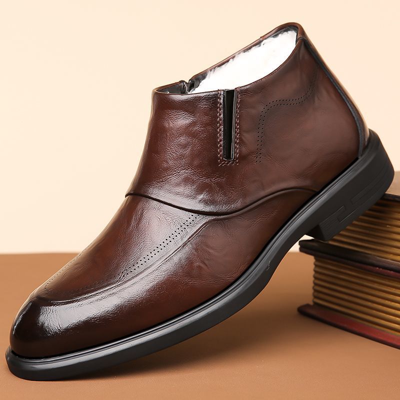 Men's Winter Fleece-lined Formal Business Pointed Genuine Pedal British Men's Casual Leather Shoes