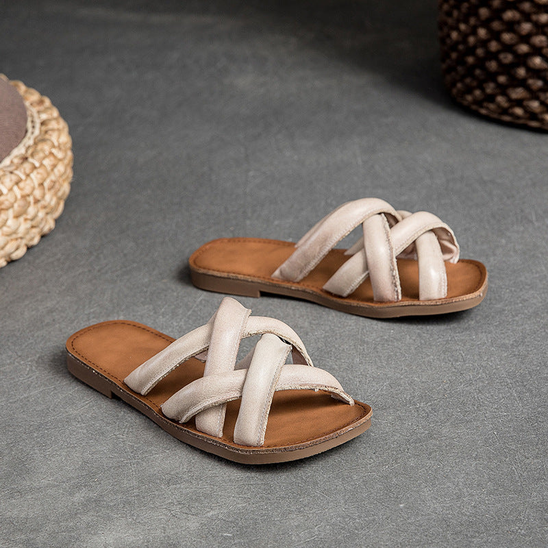 Women's Flat Round Toe Polished Retro Style Roman Sandals