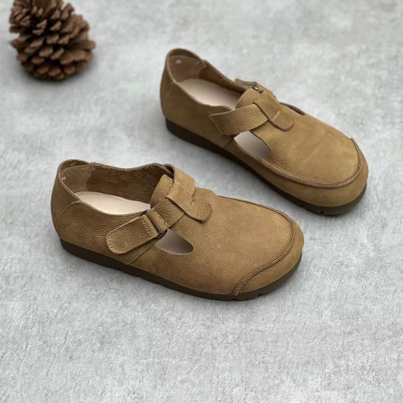 Women's Handmade Genuine Pumps Retro Artistic Round Toe Flat Bottom Velcro Women's Casual Shoes