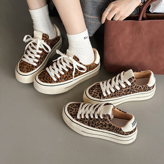 Women's Leopard Print Lace Up Platform Height Increasing Skinny Pumps First Women's Board Shoes