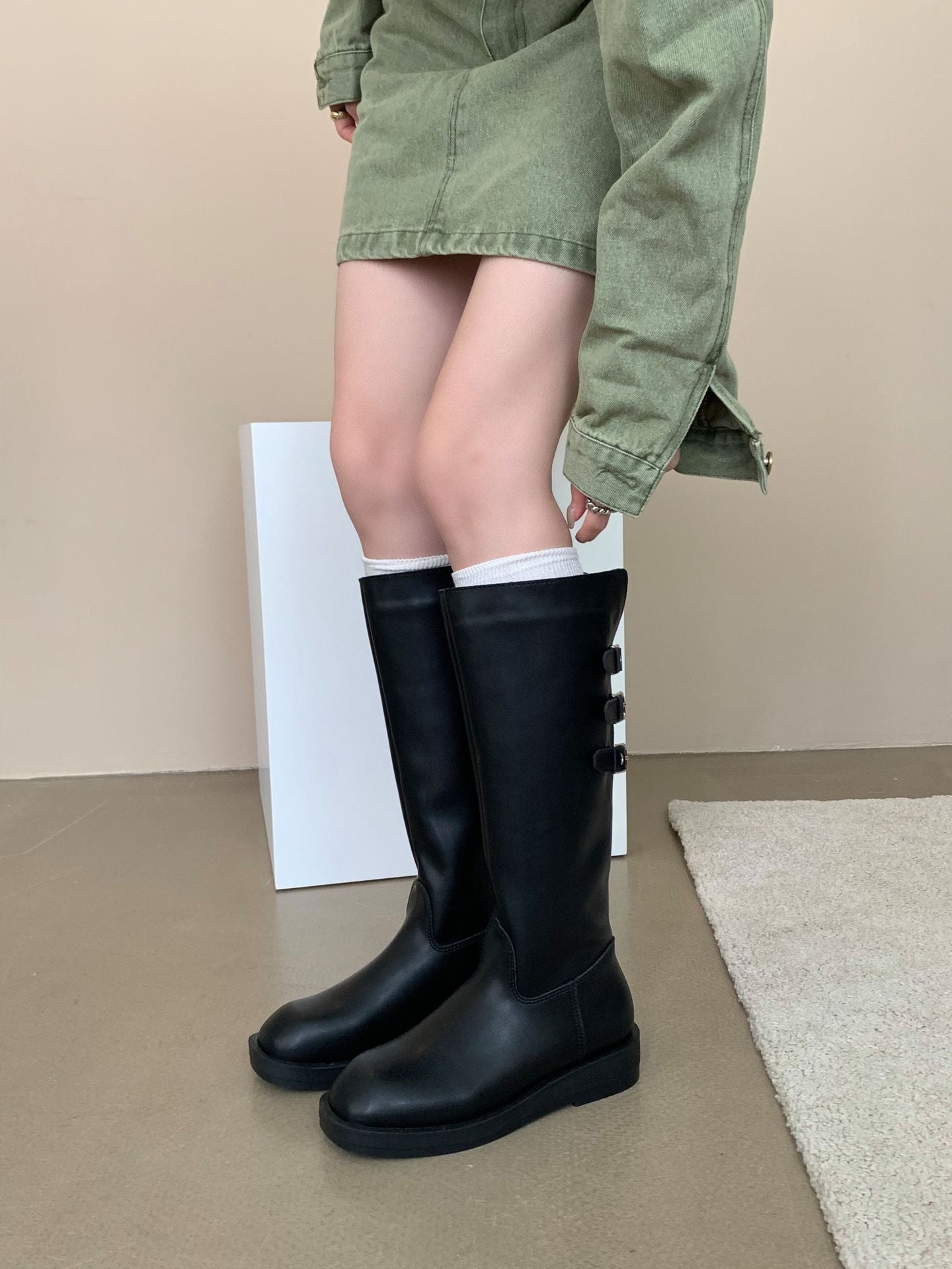 Women's Flat Bottom Small Chunky Tall Knight Women's Leather Boots