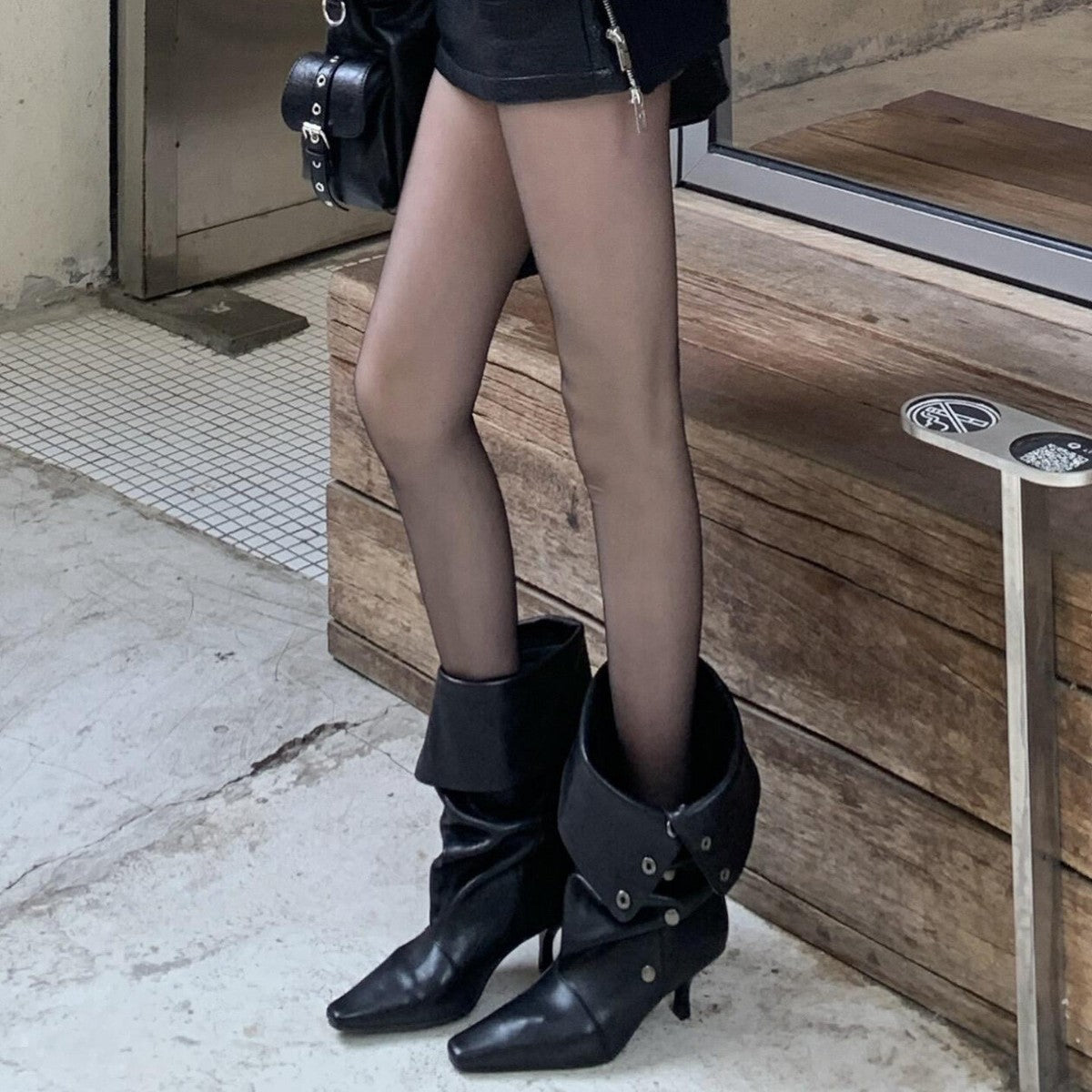 Women's Black Thin High Design Foldable Two-way Wear Long Rider Below Heels