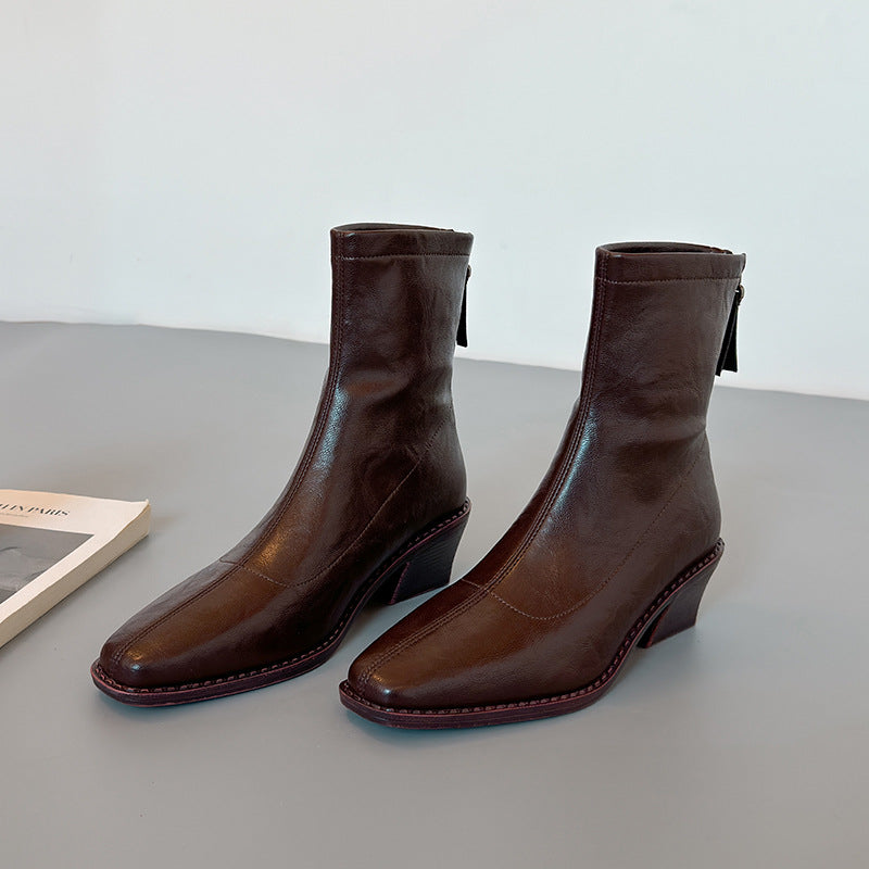 Women's Chunky Square Toe Booties Back Zipper Women's Leather Boots