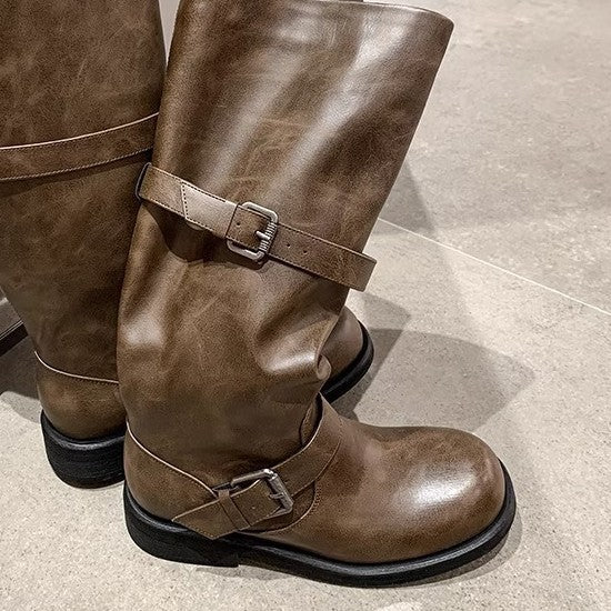 Dune Aesthetics Fleece-lined Vintage Double Buckle Women's Leather Boots