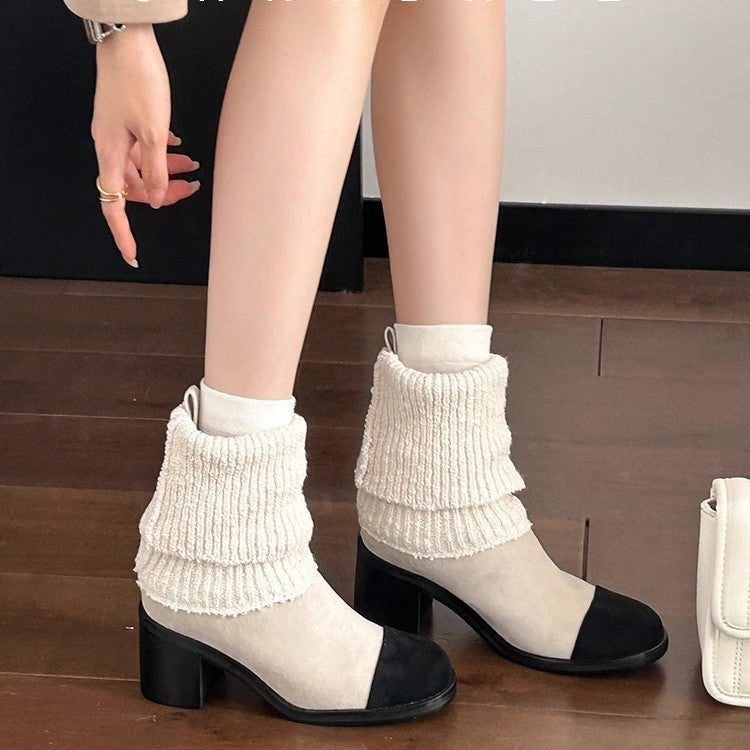 Classic Style Stretch Sock High Chunky Knitted Wool Fashion Women's Leather Boots