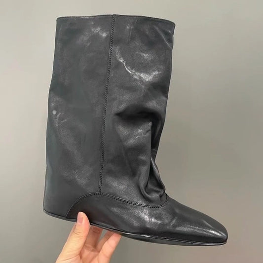 Women's Ruffle Square Head Height Increasing Insole Women's Leather Boots