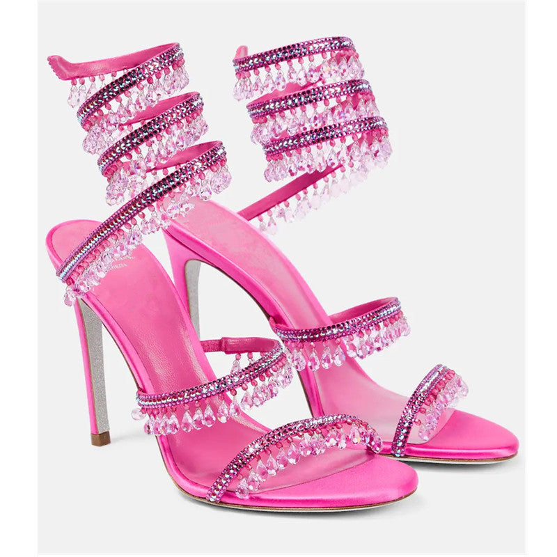 Women's Crystal Pendant Snakelike Winding Rhinestone Tassel Decoration Large Size Flat Sandals