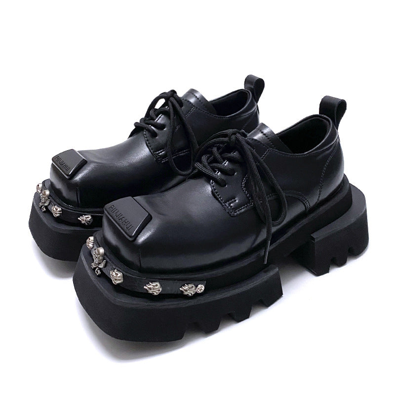 Women's & Men's Design Sense Square Toe Niche Handsome Platform Men's Casual Leather Shoes