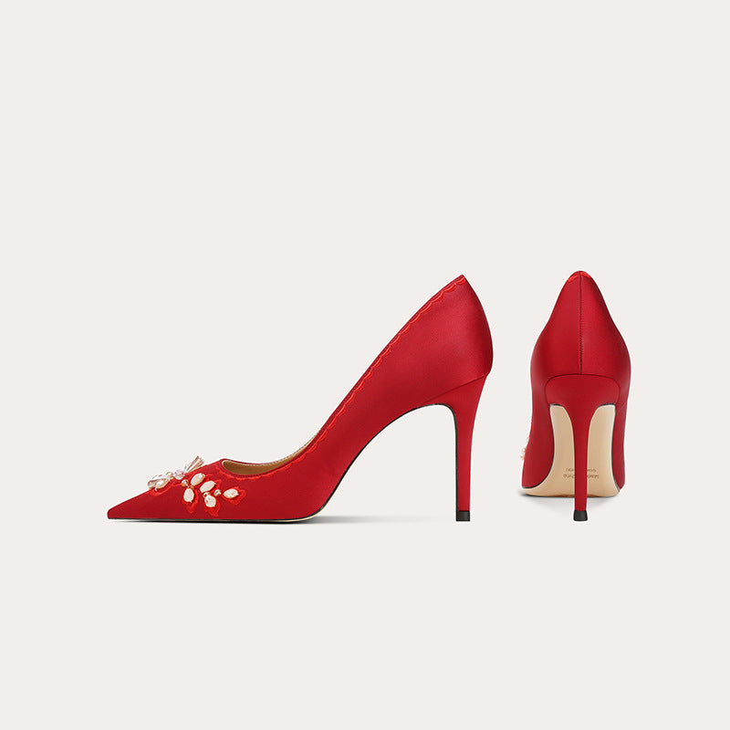 Women's Affordable Luxury High French Style High-grade Elegant Embroidery Sheepskin Stiletto Women's Fashion Shoes