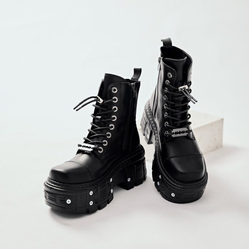 Women's Motorcycle Heavy Metal Platform Martin Spring Punk Leather Shoes
