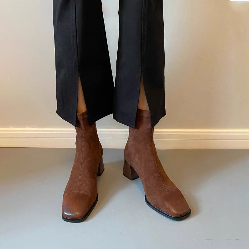 Suede Skinny Brown Chunky Ankle French Boots