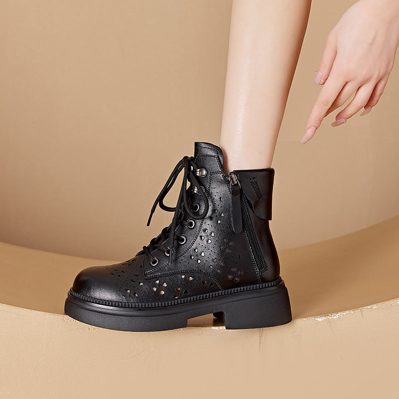 Women's Authentic Hollow Out Martin Thick-soled Korean Double-sided Women's Leather Boots