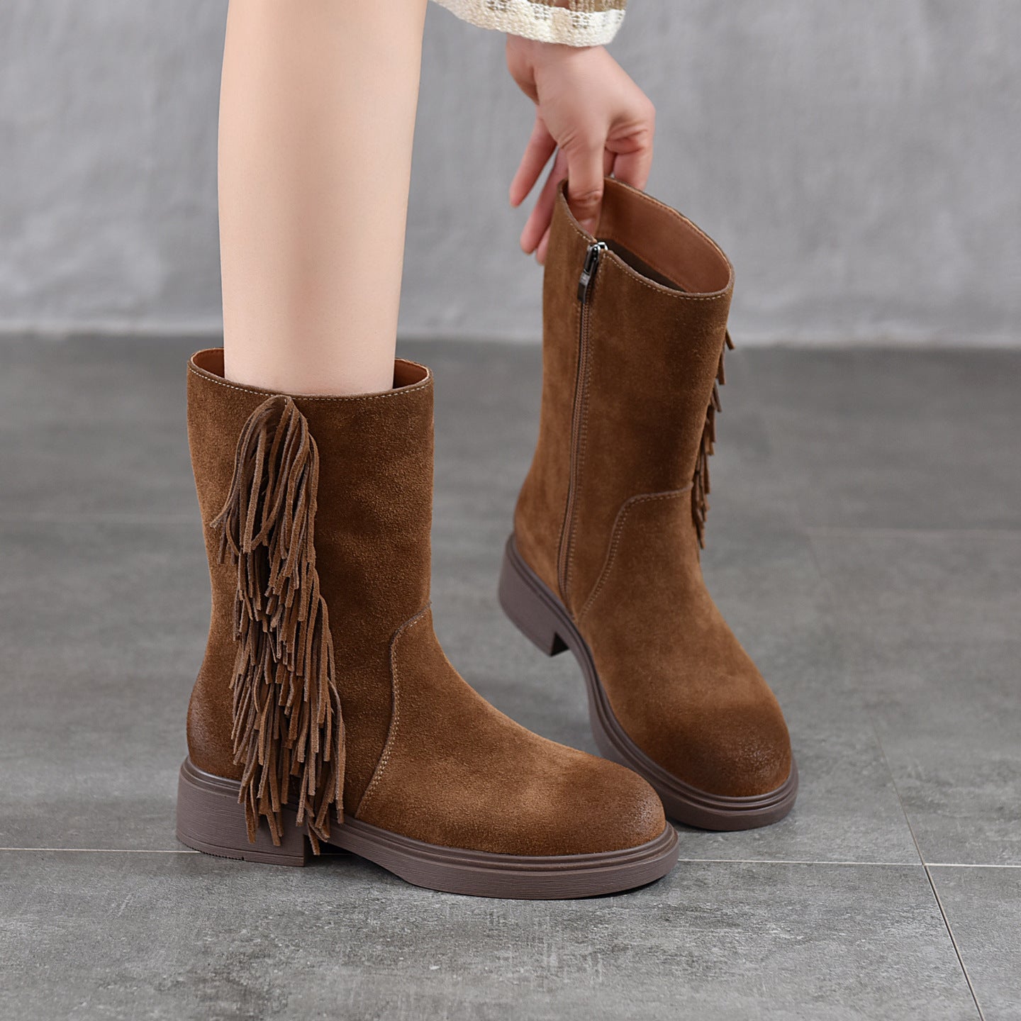 Women's Tassel Mid Genuine Fashion Round Toe Cowhide Women's Leather Boots