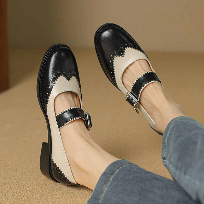 Women's Autumn Square Toe Mary Jane Burnt Leather Shoes