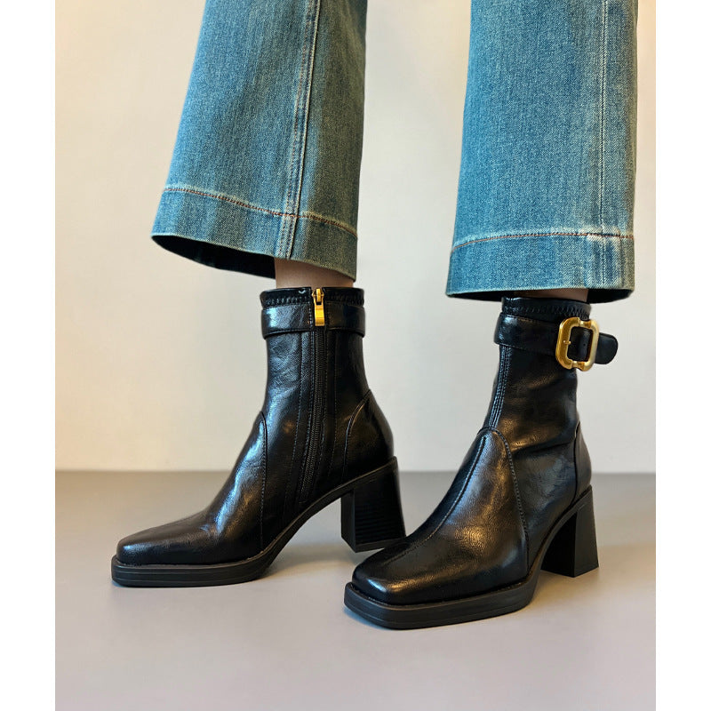 Women's Square Toe High Short For Light Luxury Thick Thin Soft Heels