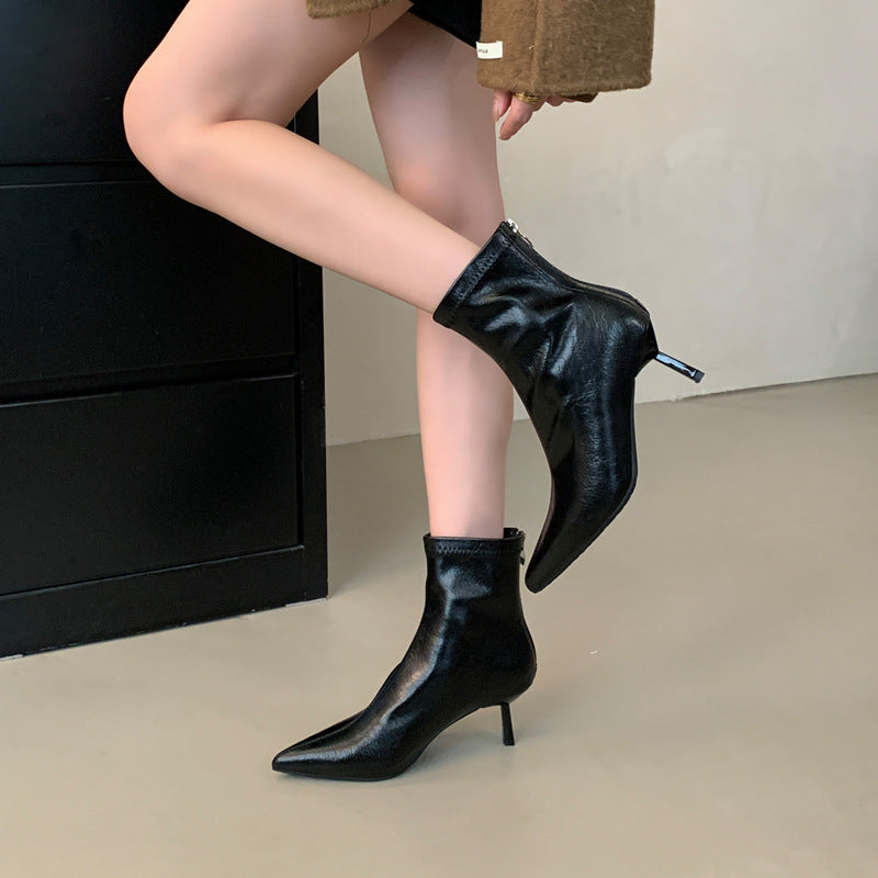 Women's Pointed Ankle Minority Skinny French Stiletto Women's Leather Boots