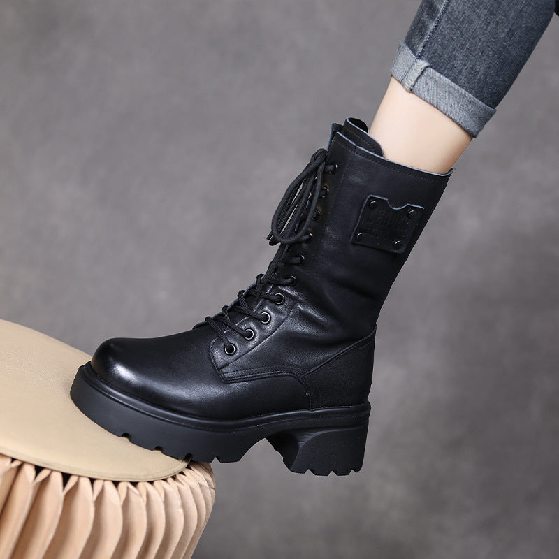Women's Thick Bottom Vintage Martin Real With Fleece Lining Mid Chunky Heels