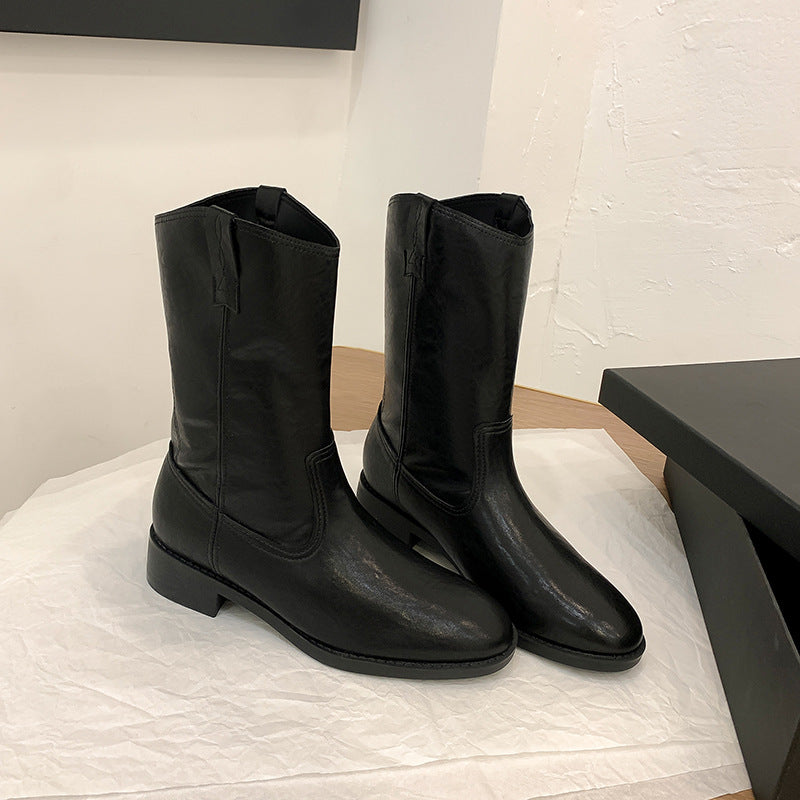 Women's Round Toe V Cut Motorcycle Chunky Retro Snow Boots