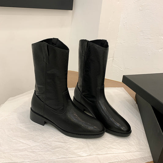 Women's Round Toe V Cut Motorcycle Chunky Retro Snow Boots