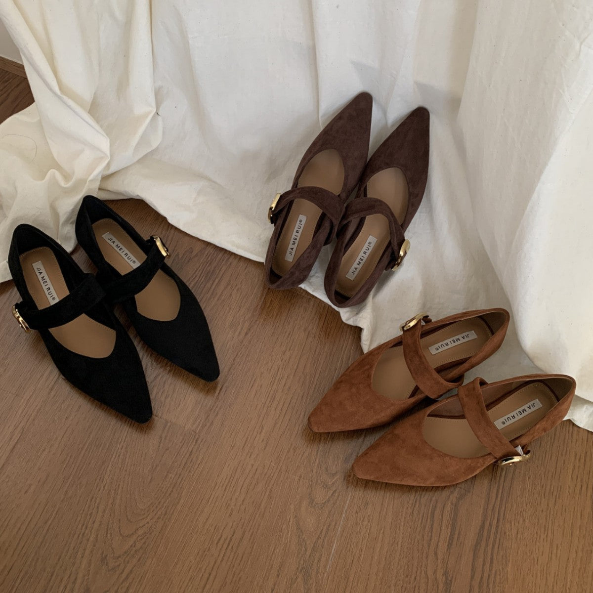 Women's Style Pointed Toe Shallow Mouth Buckle Flat Low Pumps Suede Women's Fashion Shoes