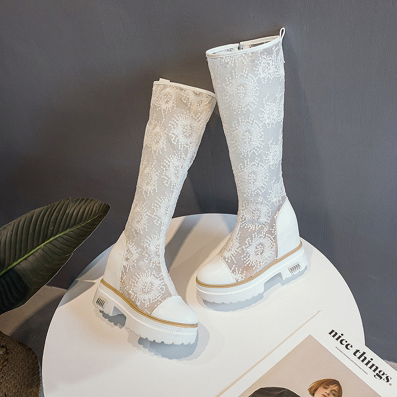 Women's White Embroidered Mesh Height Increasing Insole Thin Below The Knee Boots