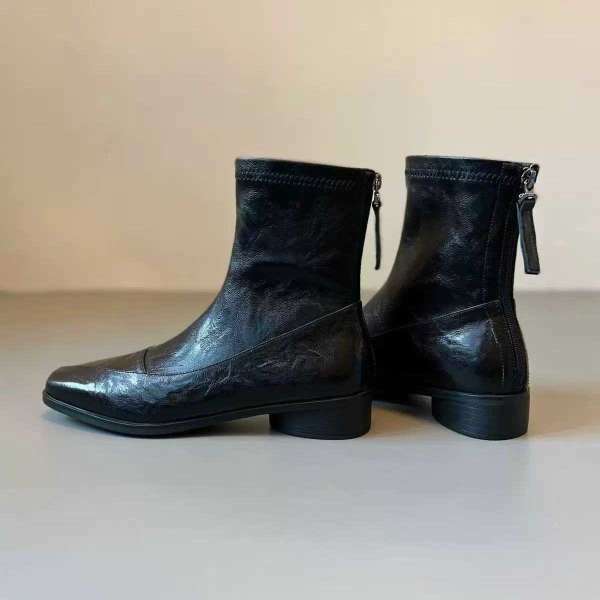 Height Increasing Fashionable Temperament Short Square Toe Chunky Back Zip Heels