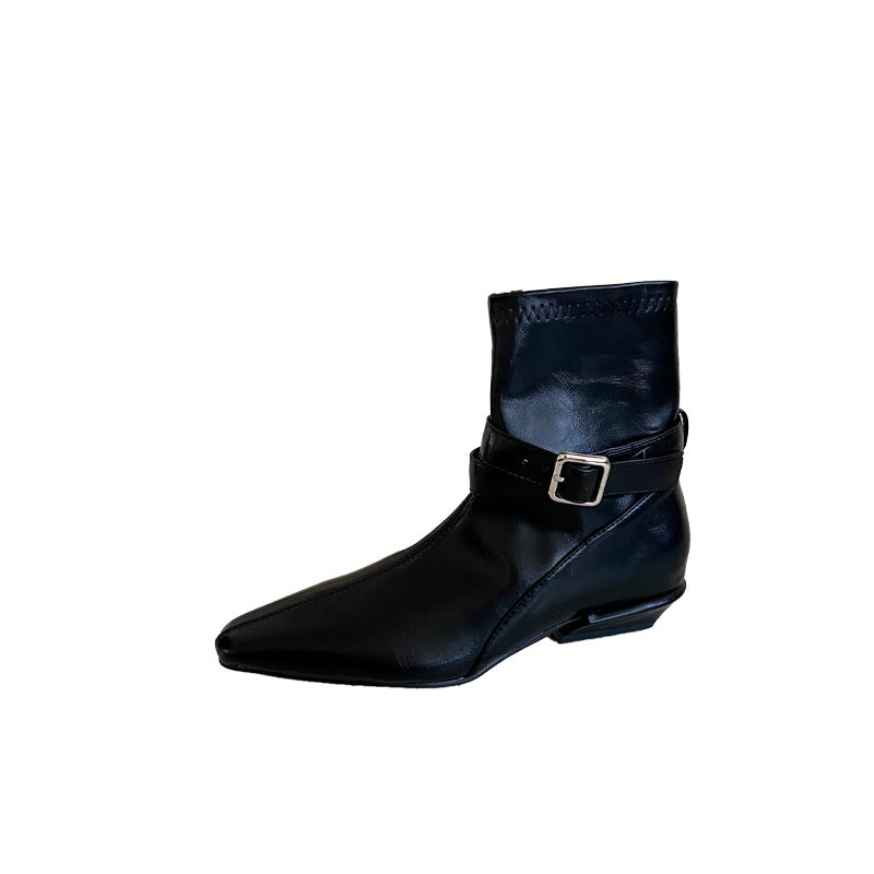 Women's Toe Short Chunky Elegant Slimming French Fashion Sexy Women's Leather Boots
