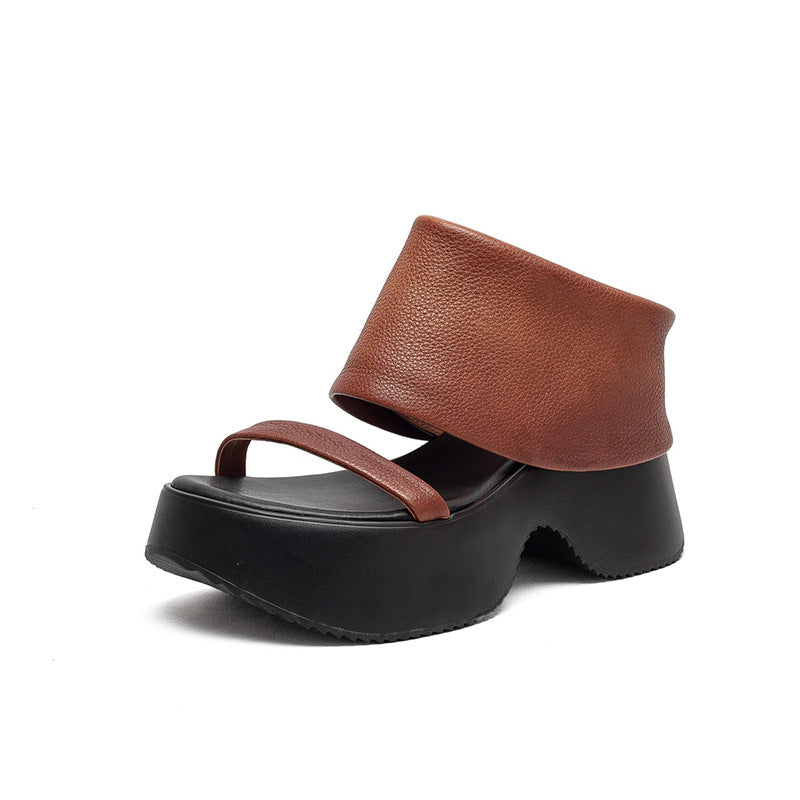 Women's Retro Style For Outer Wear Head Layer Thick-soles Slippers