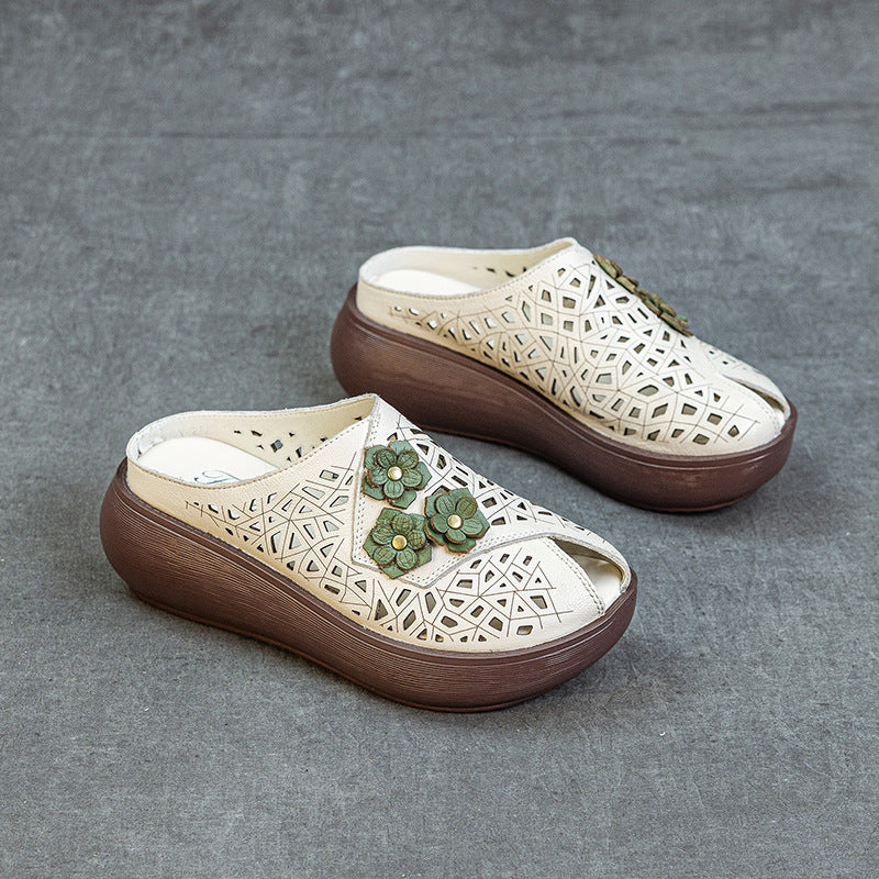 Women's Summer Thick Bottom Peep Toe Hollow Breathable Ethnic Style Flower Women's Shoes