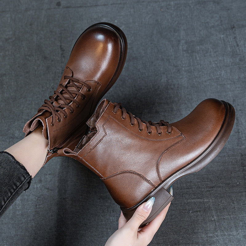 Women's First Layer Cowhide British Style Vintage Martin Fleece-lined Thick Boots