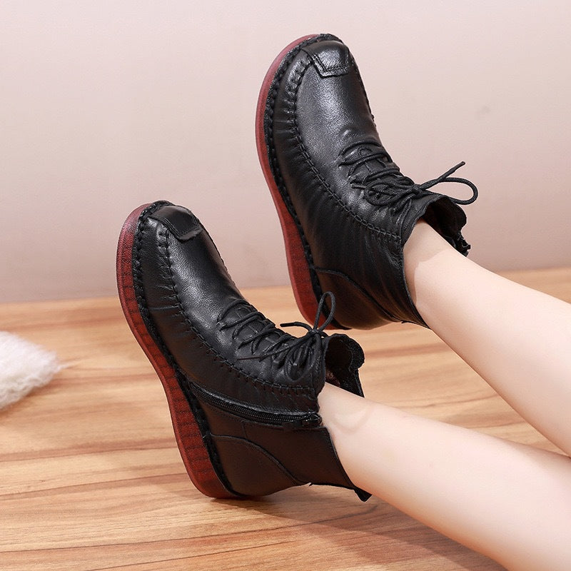 Women's Real With Fleece Lining Mother's Soft Bottom Tendon Flat Cotton Women's Leather Boots