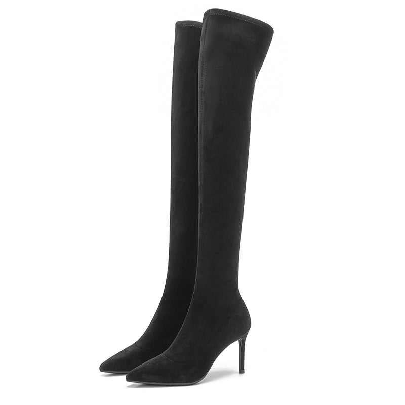 Stiletto Temperament Slip-on No Drop Tube Black Women's Leather Boots