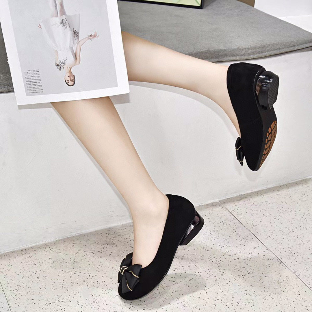 Women's Round Toe Bow Two Heights Shallow Mouth Black Single-layered Loafers