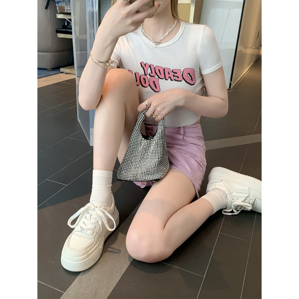 Women's White Round Toe Platform Elevator Wild Casual Shoes