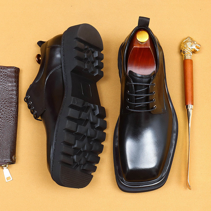Men's Big Head Genuine Formal Business Square Toe Platform British Increased Men's Casual Leather Shoes
