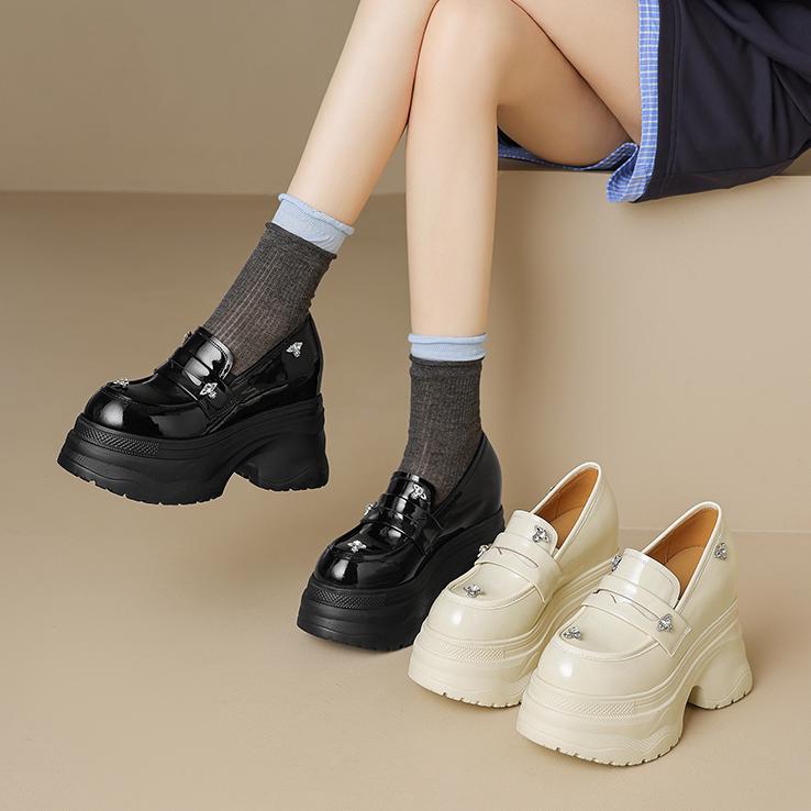 Increasing Insole Slip-on Deep Mouth Pumps Patent Platform Heels